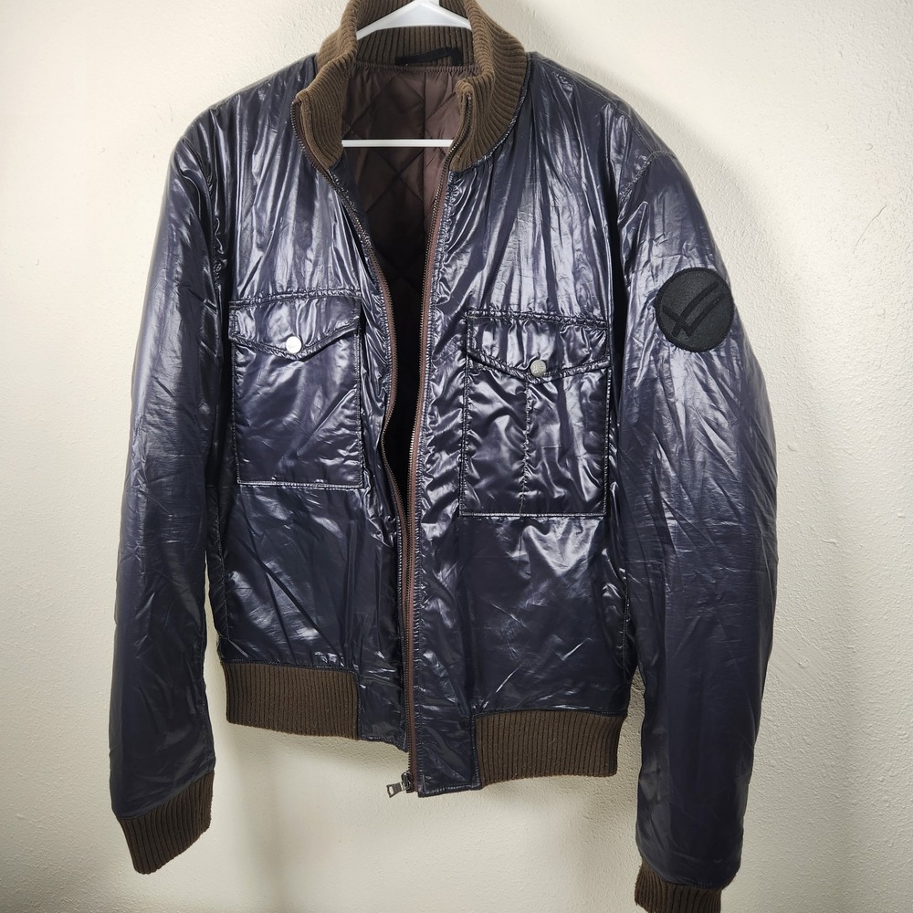 William Rast Bomber Jacket Navy Blue Brown Size Large Combat Biker Motorcycle